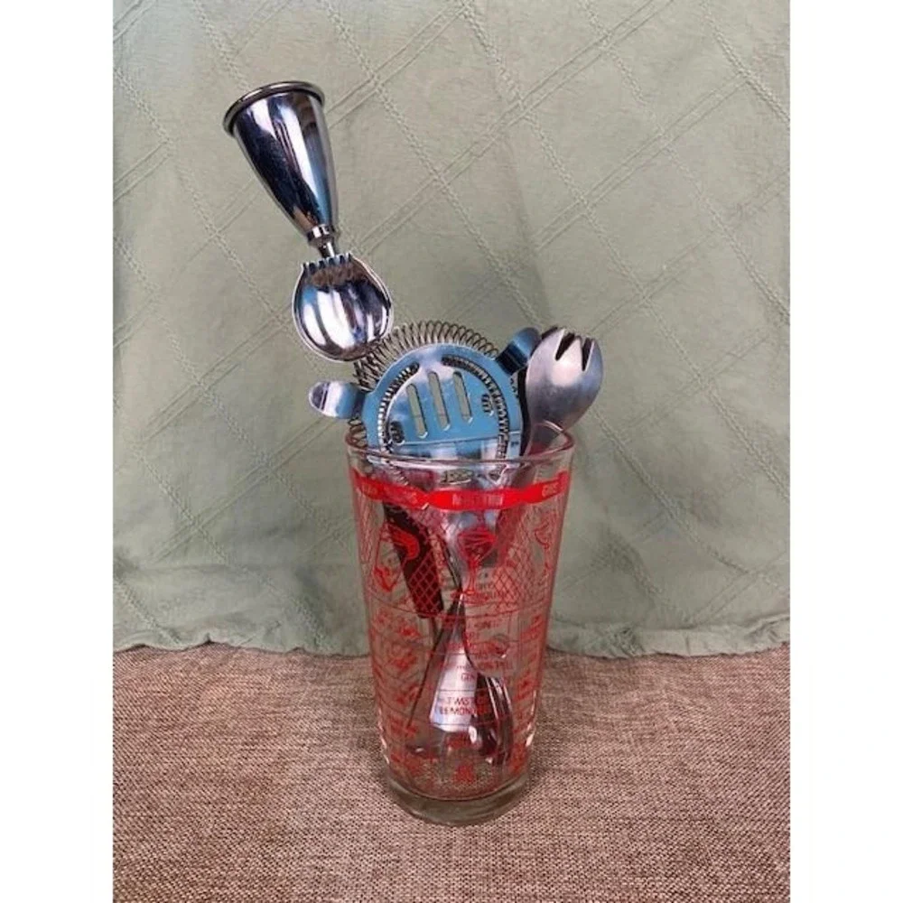 Vintage Cocktail Multi-Recipe Mixing Glass and 5 Piece Bar Tool Set Stainless